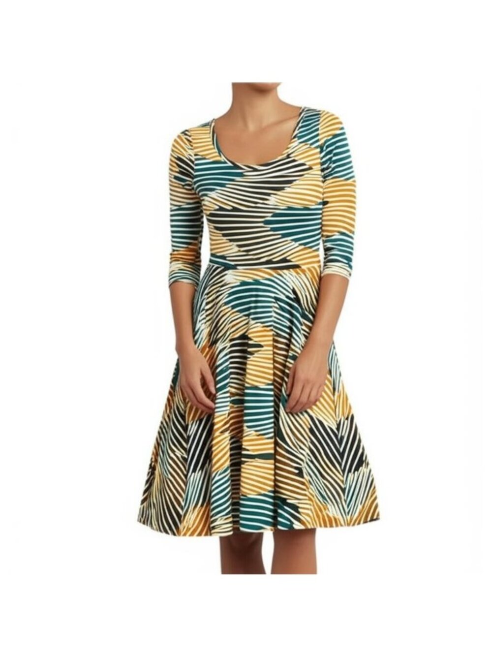 NWT LuLaRoe Womens XXS Teal Gold Geometric Stripe Swing Dress Fit Flare